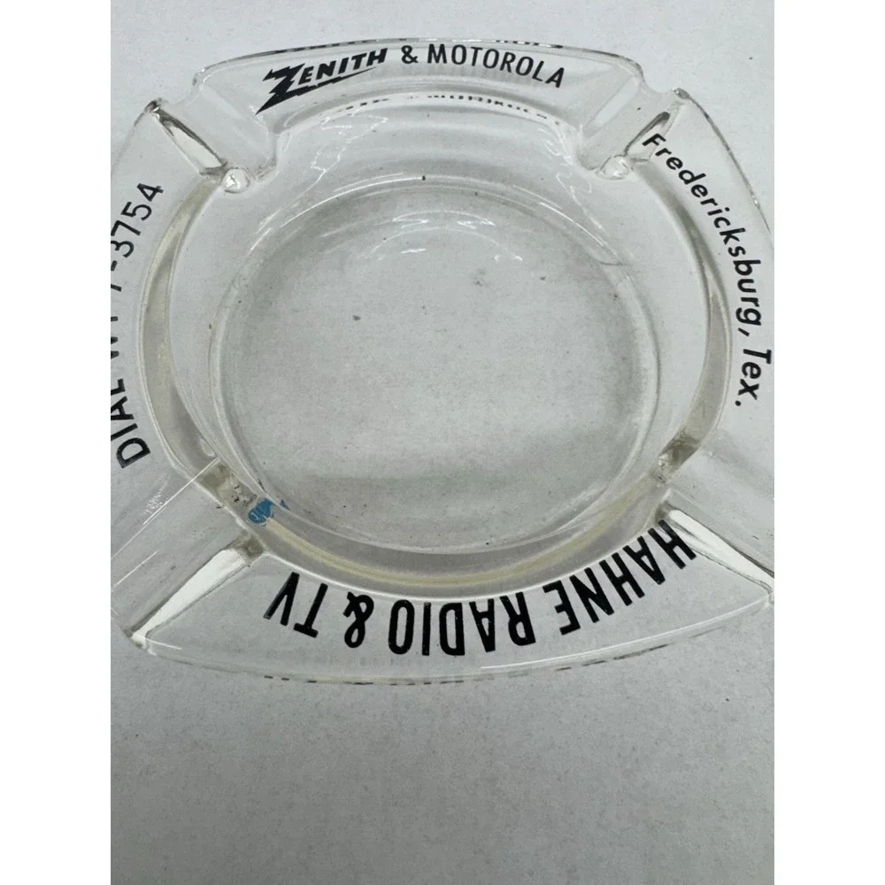 Zenith Motorola Clear Advertising Ash Tray  Fredricksburg Texas tobacciana‎